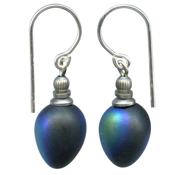Frosted iridescent jet glass drop earrings with mini berry design from Owen Glass Collection, showcasing elegant jewelry style.