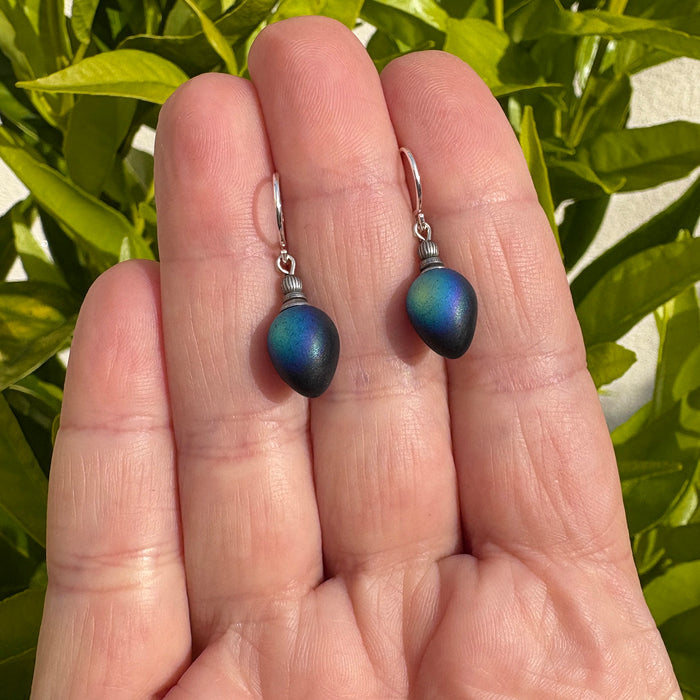 Frosted iridescent jet glass drop earrings with berry design from Owen Glass Collection, featuring delicate glass craftsmanship.