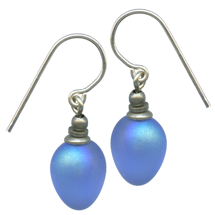 Frosted iridescent light blue German glass drop earrings with mini berry design by Owen Glass Collection.