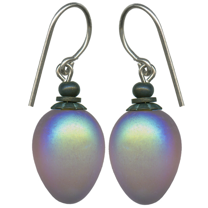 Frosted iridescent mauve German glass drop earrings with berry-shaped design from Owen Glass Collection.