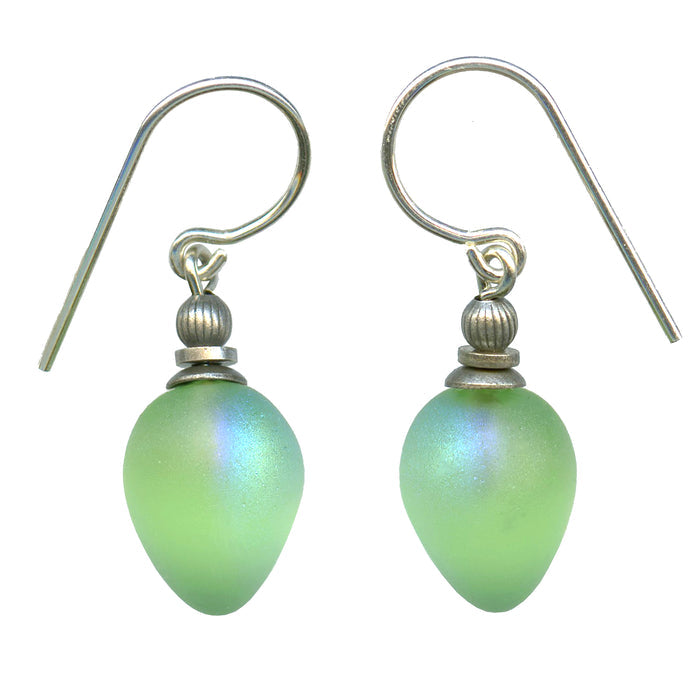 Frosted iridescent Peridot German glass drop earrings with mini berry design from Owen Glass Collection.