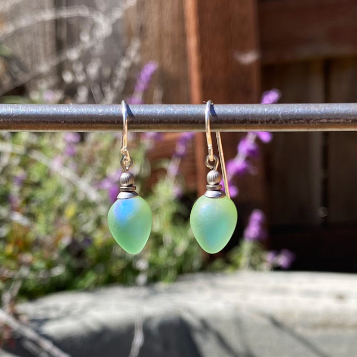 Frosted iridescent Peridot German glass drop earrings from Owen Glass Collection, featuring mini berry design and delicate craftsmanship.