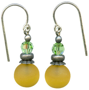 Frosted Jonquil glass and Peridot crystal drop earrings with bubble design from Owen Glass Collection.