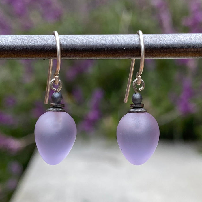 Frosted Light Amethyst German Glass Dangle Earrings with mini berries design from Owen Glass Collection