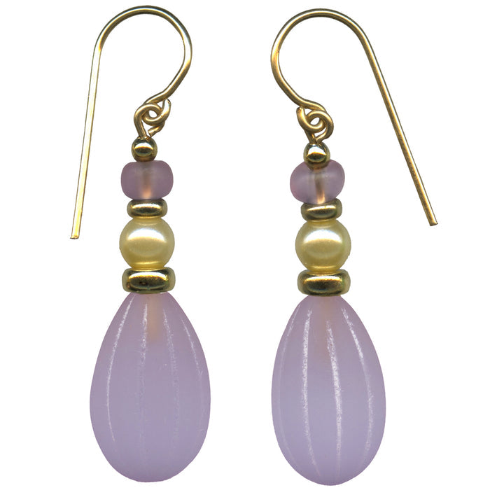 Owen Glass Collection "842" frosted light amethyst pearl and gold earrings with elegant design and mixed gemstone accents.