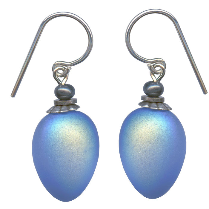 Frosted light blue iridescent glass drop earrings with berry-shaped design from Owen Glass Collection.