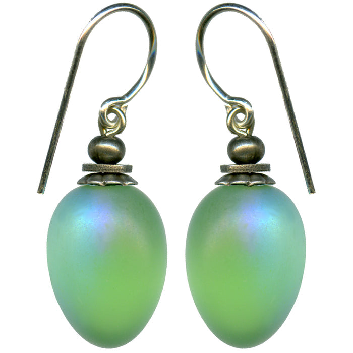 Frosted light green glass drop earrings with Aurora Borealis sheen, designed by Owen Glass Collection.