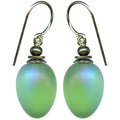Frosted light green glass drop earrings with Aurora Borealis sheen, designed by Owen Glass Collection.