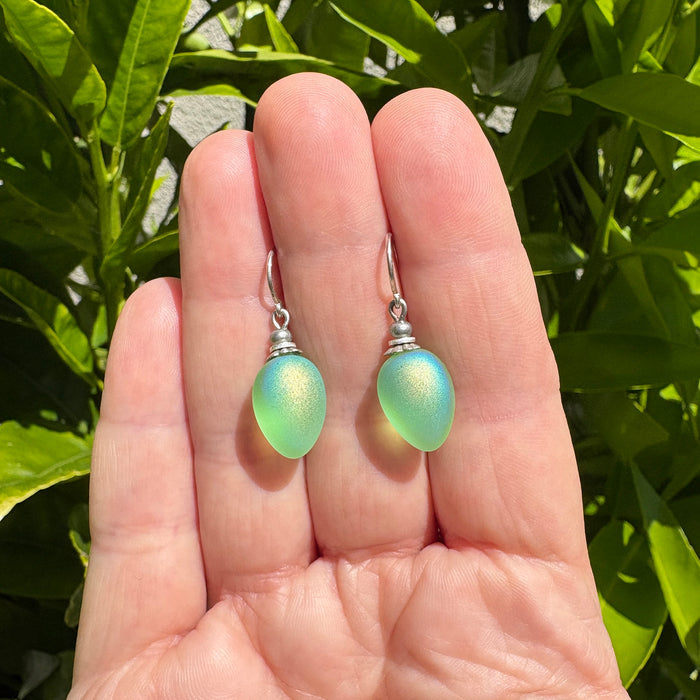 Frosted light green glass drop earrings with Aurora Borealis sheen from Owen Glass Collection, featuring berry-shaped design.