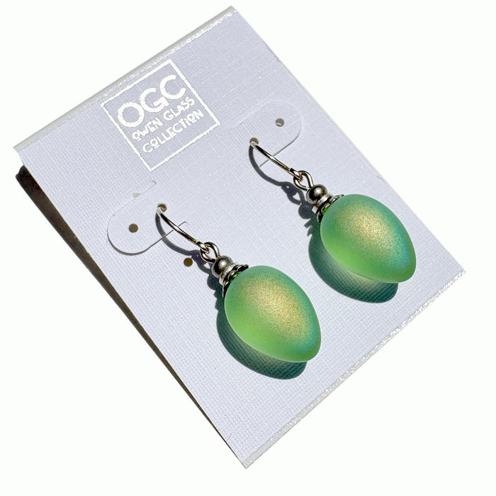 Frosted light green glass drop earrings with aurora borealis sheen from Owen Glass Collection, featuring berry-shaped design.
