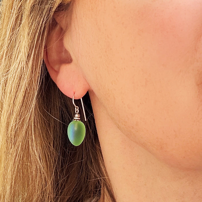 Frosted light green glass drop earrings with aurora borealis sheen from Owen Glass Collection, featuring berry-shaped design.