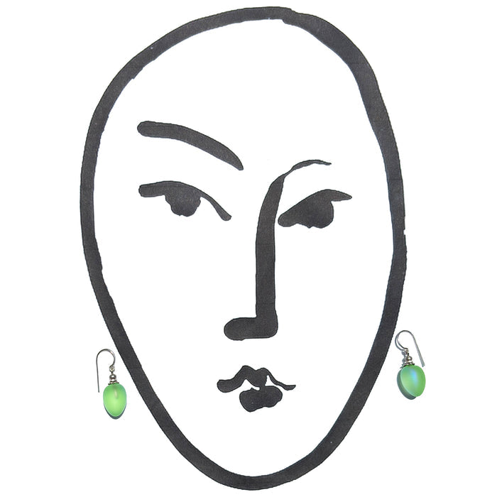Frosted light green glass drop earrings with Aurora Borealis sheen from Owen Glass Collection, featuring berry-shaped design.
