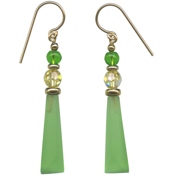 Frosted peridot green glass and gold earrings from Owen Glass Collection, stylish jewelry accessory with elegant design.