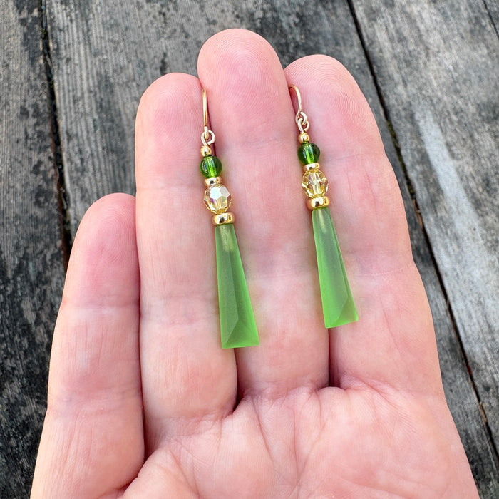 Frosted peridot green glass and gold earrings from Owen Glass Collection, featuring elegant, translucent glass with gold accents.