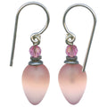 Frosted pink glass and crystal earrings from Owen Glass Collection, featuring elegant plum-shaped design and sparkling accents.