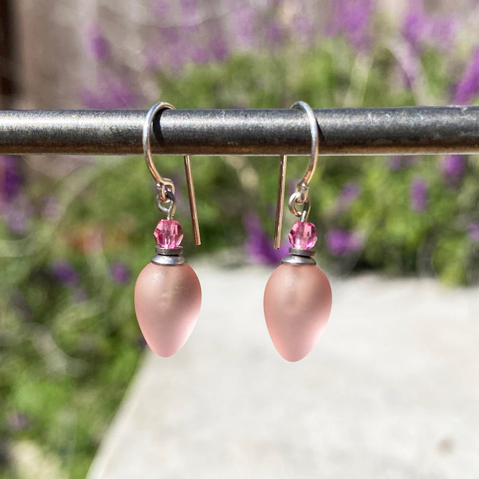 Frosted pink glass and crystal earrings from Owen Glass Collection featuring elegant plum-shaped design.