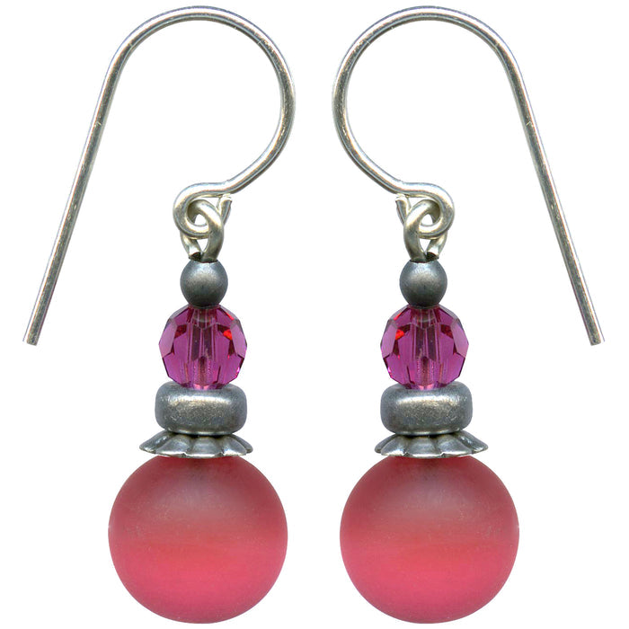 Frosted rose pink glass and fuchsia crystal drop earrings from Owen Glass Collection featuring elegant bubble design.
