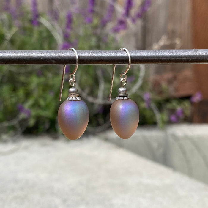 Frosted smoke topaz glass drop earrings with iridescent sheen from Owen Glass Collection, featuring berry-shaped design and elegant style.