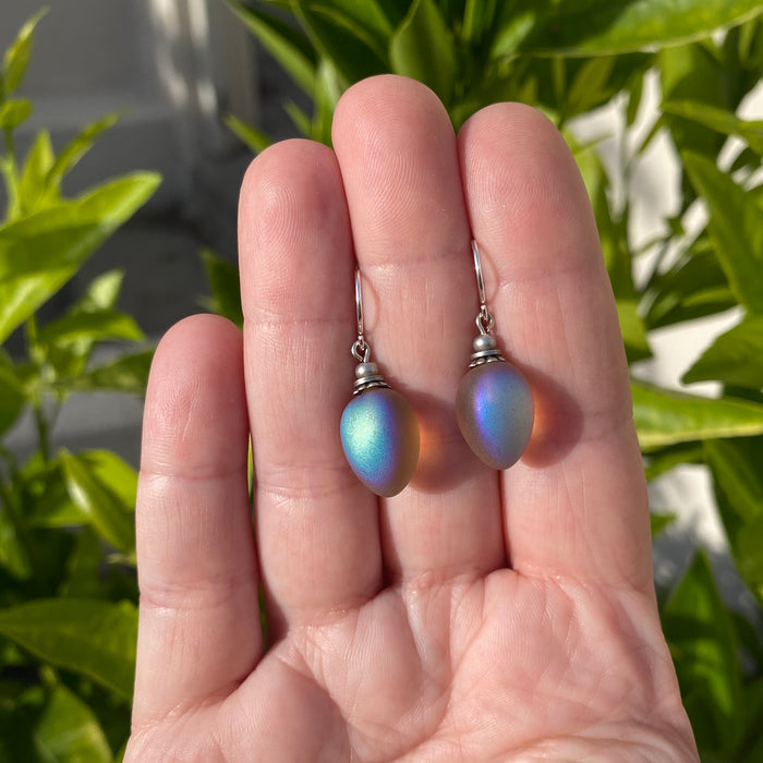 Frosted smoke topaz glass drop earrings with iridescent sheen from Owen Glass Collection, featuring berry-shaped design.