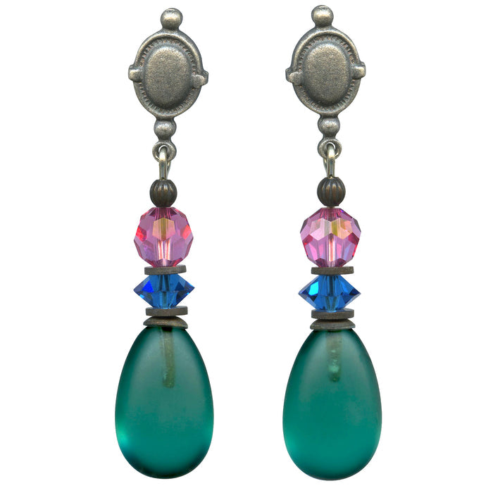 Frosted teal post earrings with raindrop design from Owen Glass Collection, showcasing smooth, rounded glass earrings.