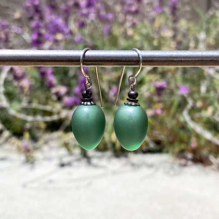 Frosted green glass drop earrings with berry-shaped design from Owen Glass Collection, showcasing elegant, translucent jewelry.