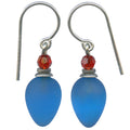 Frosted turquoise blue glass and red crystal dangle earrings from Owen Glass Collection, featuring elegant, colorful jewelry design.