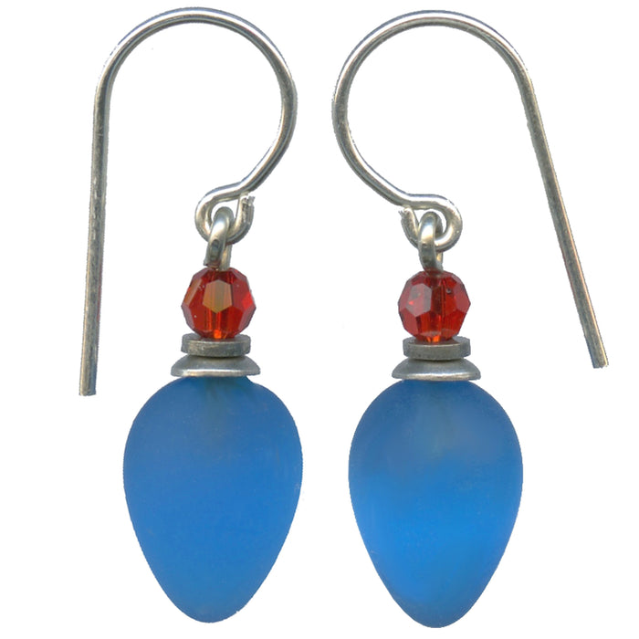 Frosted turquoise blue glass and red crystal dangle earrings from Owen Glass Collection, featuring elegant, colorful jewelry design.