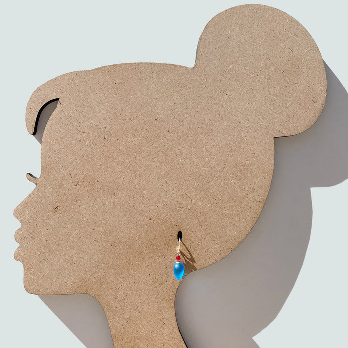 Frosted turquoise blue glass and red crystal dangle earrings from Owen Glass Collection featuring a vibrant, elegant jewelry design.