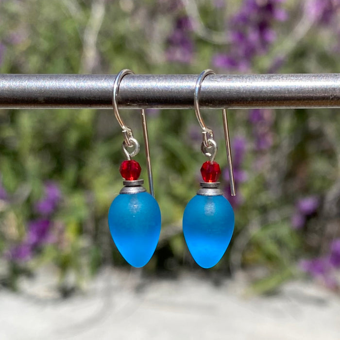 Frosted turquoise blue glass and red crystal dangle earrings from Owen Glass Collection featuring elegant, colorful jewelry design.