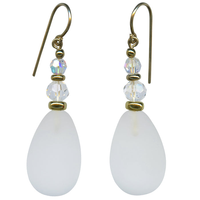 Frosted white glass, crystal, and gold earrings from Owen Glass Collection featuring elegant, handcrafted jewelry design.