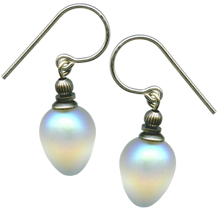 Frosted white iridescent glass drop earrings, "Mini Berries 2" by Owen Glass Collection, featuring delicate glass berry design.
