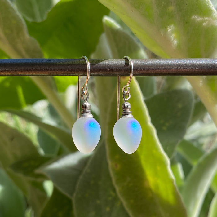 Frosted white iridescent glass drop earrings from Owen Glass Collection, featuring mini berry-shaped design.