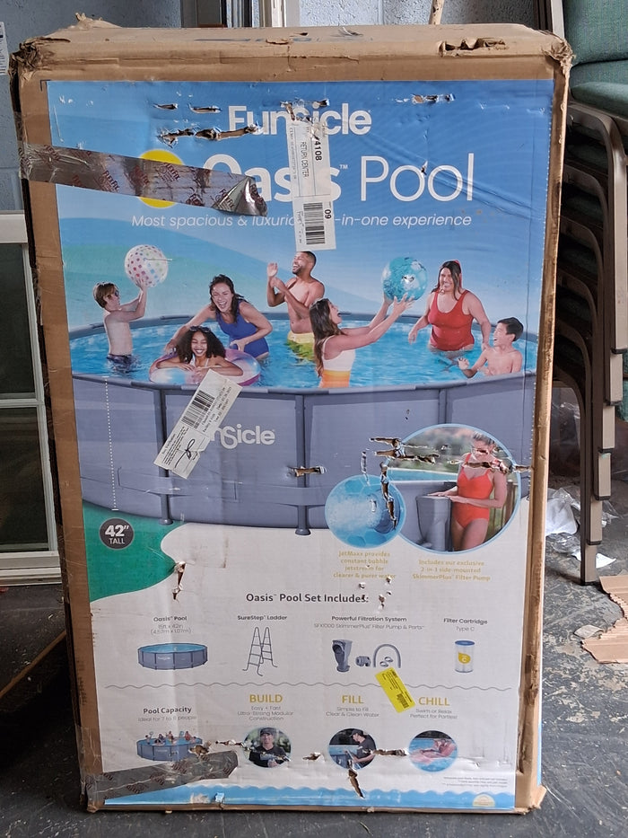 Funsicle 14 ft Oasis Round Above Ground Metal Frame Swimming Pool, Includes SkimmerPlus Pump, Age 6 & up - Brand New