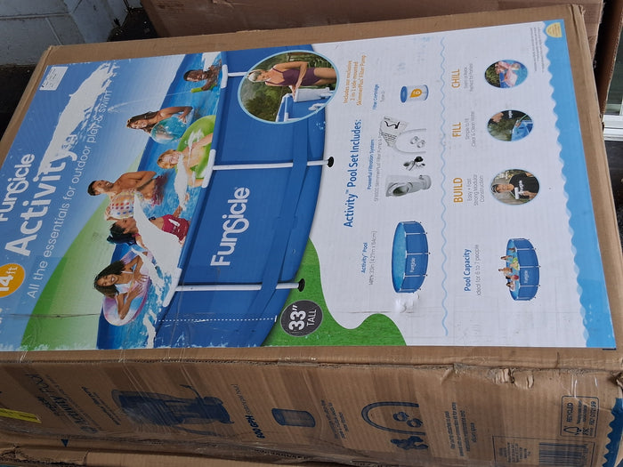 Funsicle 14ft Activity Above Ground Metal Frame Swimming Pool, Includes SkimmerPlus Pump, Round, Age 6 & up - Brand New
