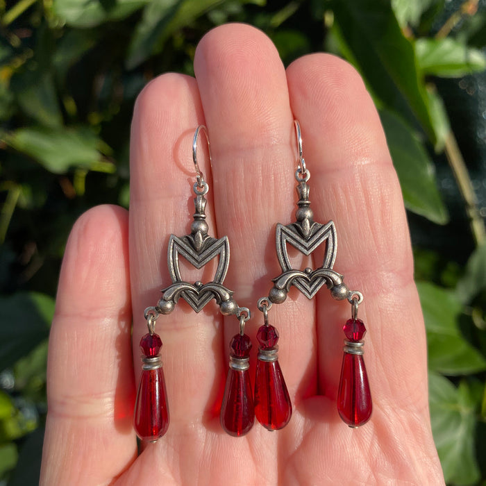 Garnet Czech glass and Austrian crystal earrings from Owen Glass Collection, featuring elegant drop design with sparkling stones.