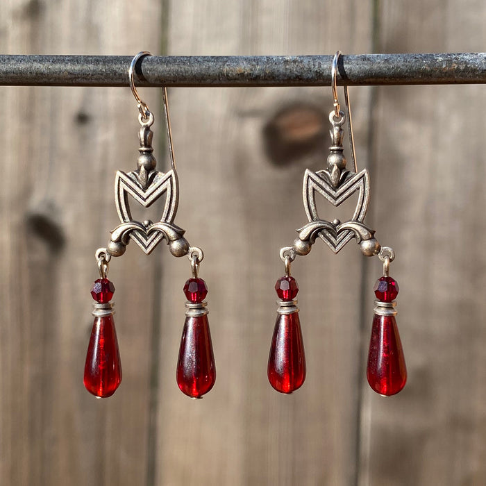 Garnet Czech glass and Austrian crystal earrings from Owen Glass Collection, featuring elegant, faceted gemstones and intricate design.