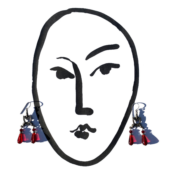 Owen Glass Collection Arcadia 15 garnet Czech glass and Austrian crystal earrings with intricate silver settings.