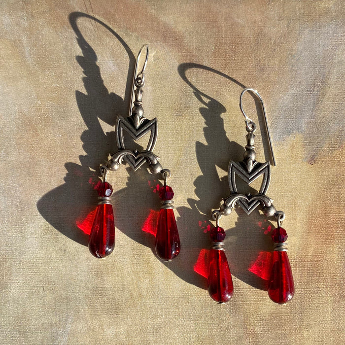 Garnet Czech glass and Austrian crystal earrings from Owen Glass Collection, featuring elegant dangle design with sparkling gemstones.
