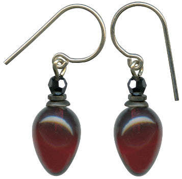 Garnet glass and jet crystal dangle earrings from Owen Glass Collection featuring plum-shaped design and intricate detailing.