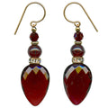 Owen Glass Collection Cruise 1 garnet glass earrings with gold accents and rhinestones, showcasing elegant dangle design.