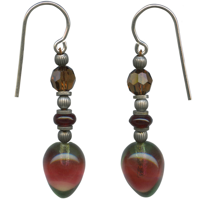 Owen Glass Collection Garnet and Smoke Topaz German glass drop earrings with watercolor-inspired design.