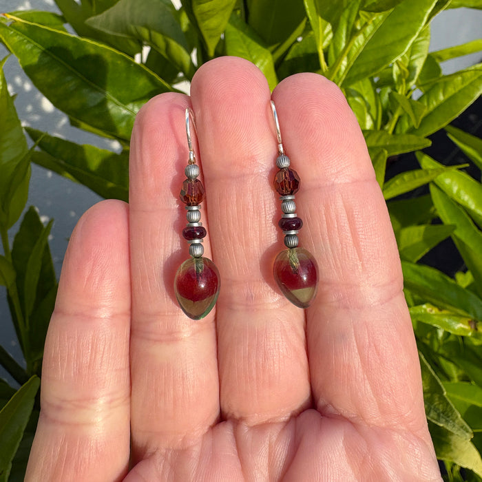 Garnet and smoke topaz German glass drop earrings from Owen Glass Collection with vibrant watercolor design.