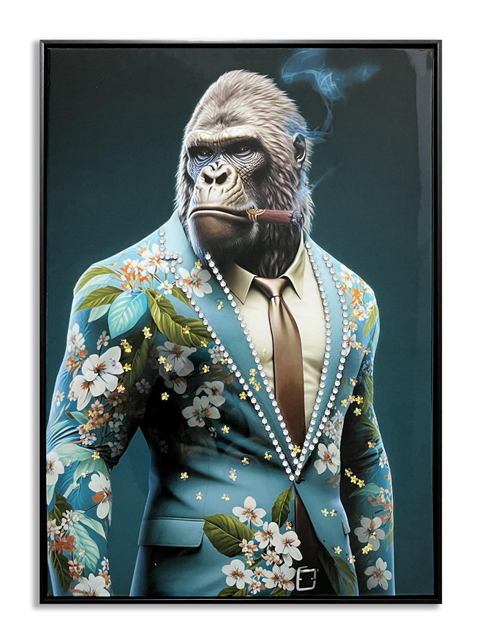 Gentleman Ape Blossom - 21" x 29" Framed Wall Art - Blue