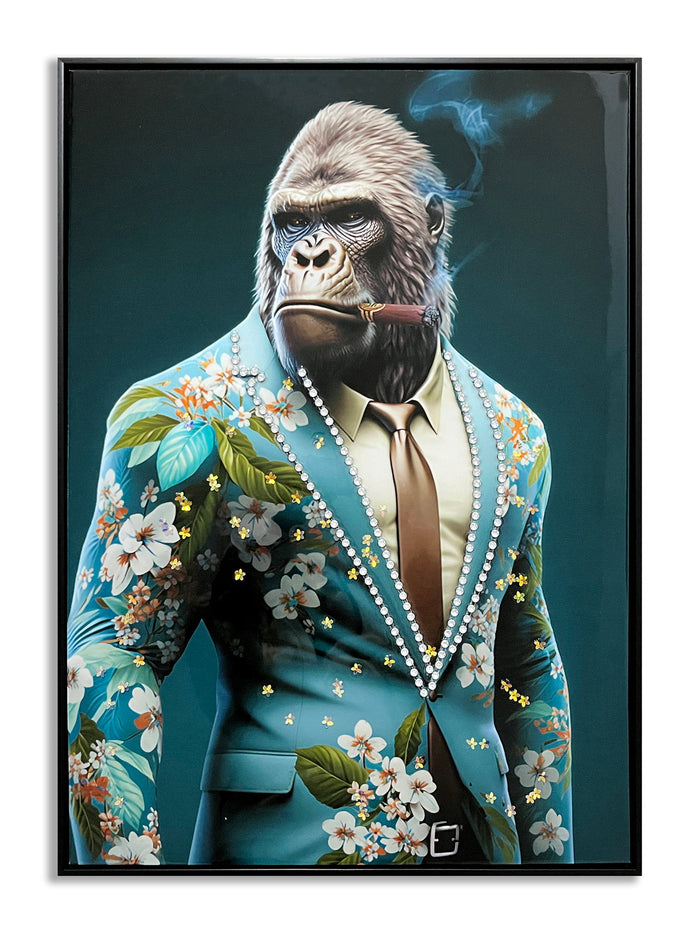 Gentleman Ape Blossom - 21" x 29" Framed Wall Art - Blue