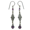 Owen Glass Collection Grace 10-inch amethyst crystal and filigree earrings with intricate metalwork and dangling crystal accents.