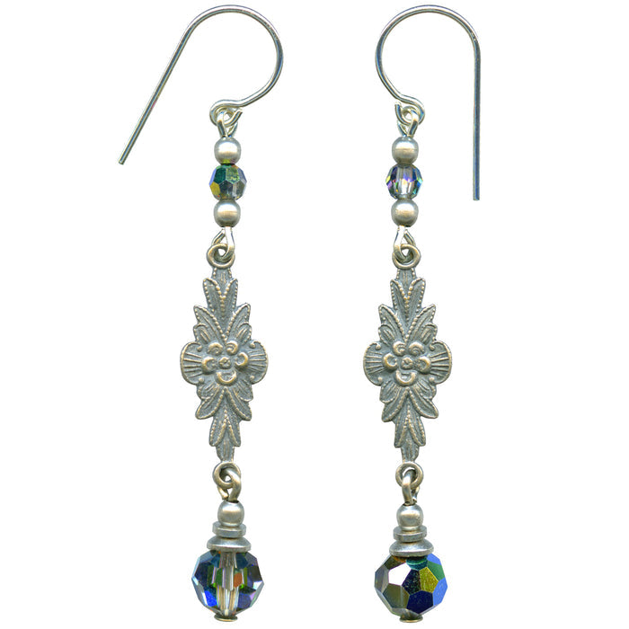 Owen Glass Collection Grace 11 iridescent crystal and filigree earrings featuring shimmering crystals and intricate metalwork design.