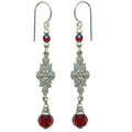 Owen Glass Collection Grace 12-inch red crystal and filigree earrings showcasing intricate gold-tone design and sparkling red crystals.