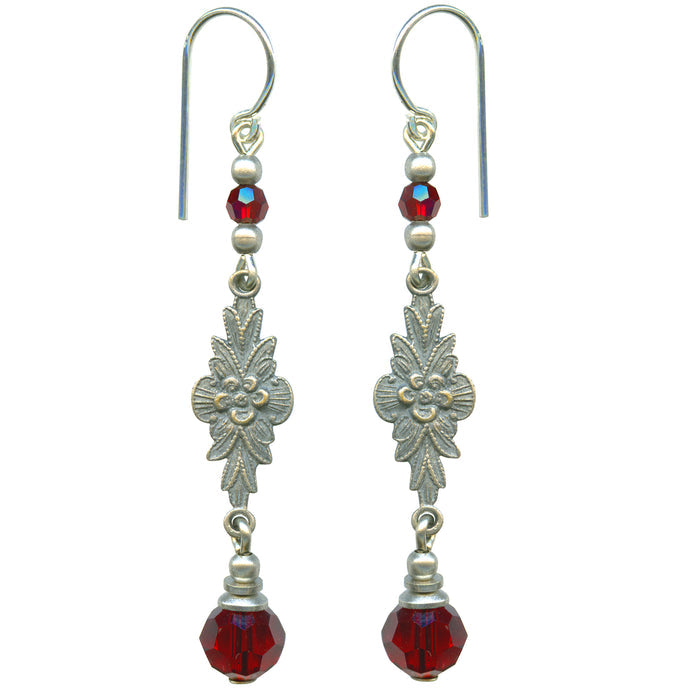 Owen Glass Collection Grace 12-inch red crystal and filigree earrings showcasing intricate gold-tone design and sparkling red crystals.