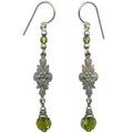 Owen Glass Collection Grace 7" olivine crystal earrings with intricate filigree design, showcasing elegant dangling jewelry.