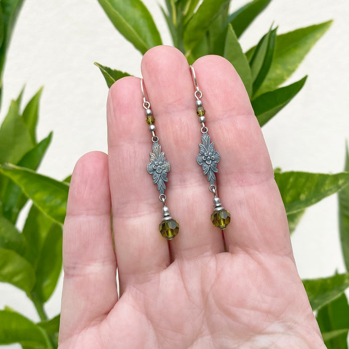 Owen Glass Collection Grace 7-inch olivine crystal earrings with intricate filigree design, showcasing elegant jewelry craftsmanship.